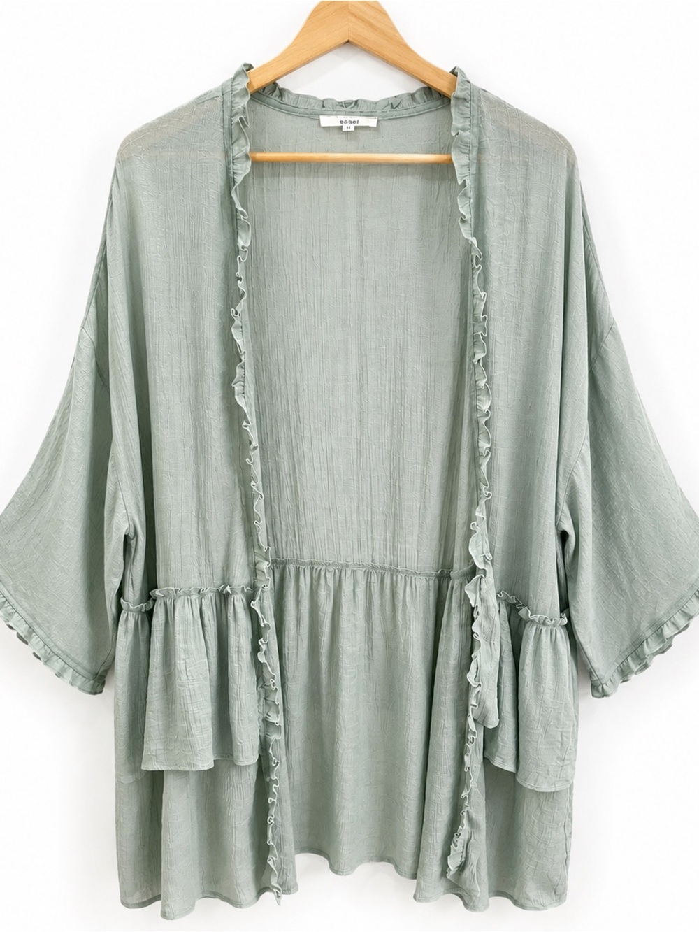 Easel Sage Green Ruffle Trim Open Front Kimono Cardigan Boho Medium Oversized - Picture 2 of 5